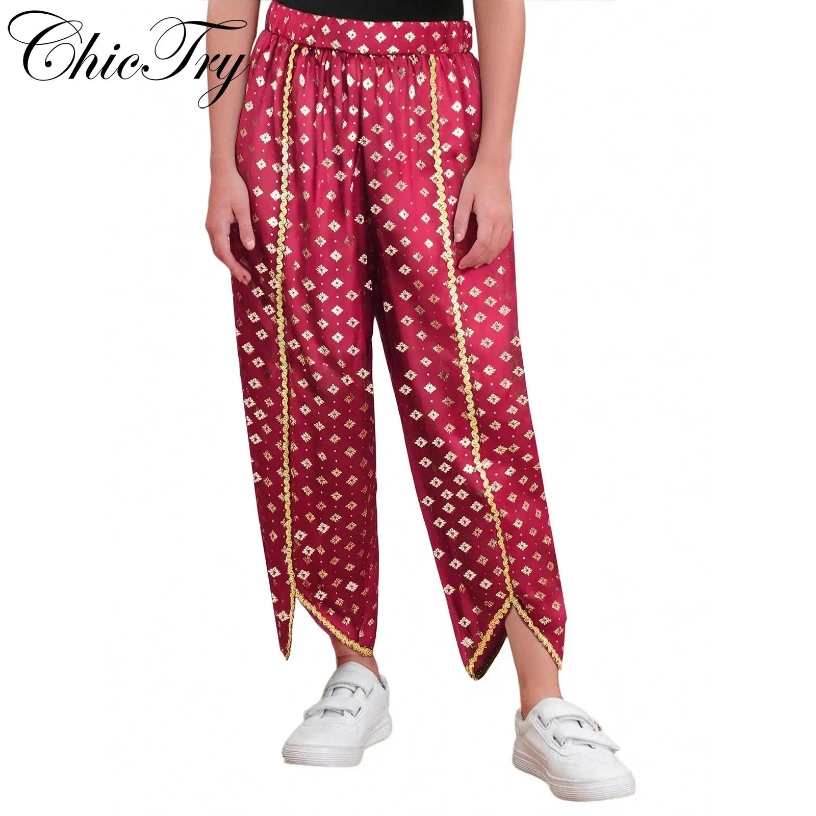 

Kids Girls Indian Dress Up Dhoti Gold Trim Metallic Floral Print Satin Pants for Cosplay Fancy Party Halloween Carnival Roleplay