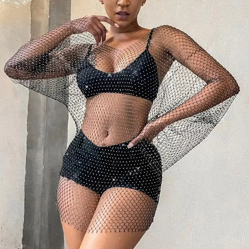

Женщины сексуальные сетки с длинным рукавом мини -платье для сетки для страза