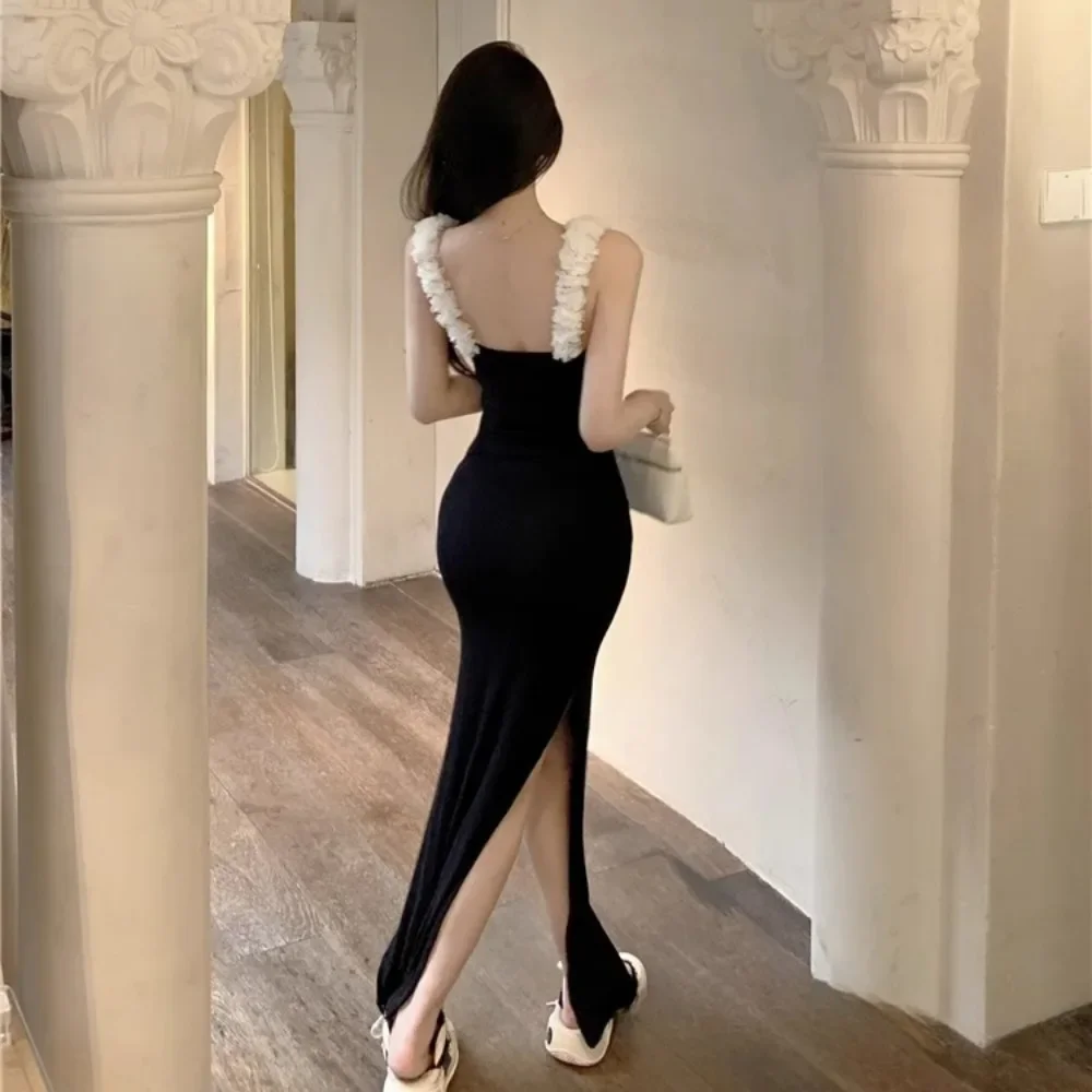 Side-slit Women Dresses Backless College Bodysuit French Chic Ins Elegant Aesthetic Creativity Spliced Square Collar Streetwear