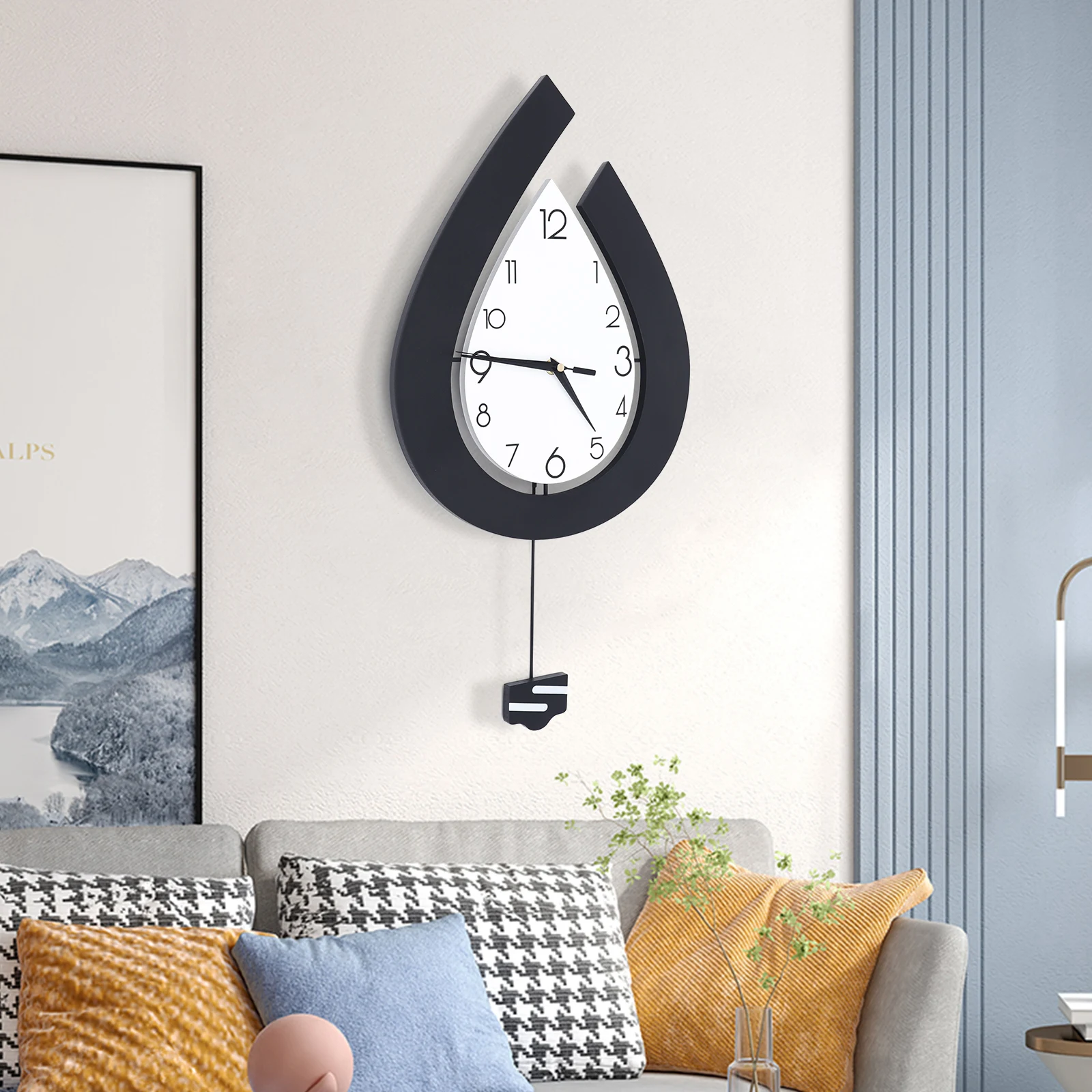 Black Modern Teardrop Shape Wall Clock Stylish Pendulum Clock Wall-Mounted Decoration 12-Hour Display