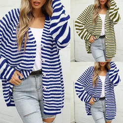 Women Cardigan Single Breasted Casual Fashion Loose Large Size Striped Cardigan Knit Coat For Women Front Slit Cover Ups Sweater