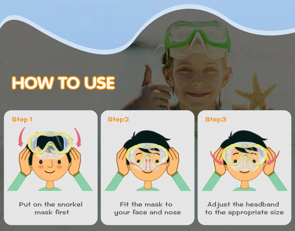 Schnorchelmasken-Set, Tauchen, Schwimmbrille, 3 Fenster, Panorama, Weitsicht, HD, Trockenoberteil, Anti-Leck, Antibeschlag, für Erwachsene und Kinder – Detail 13