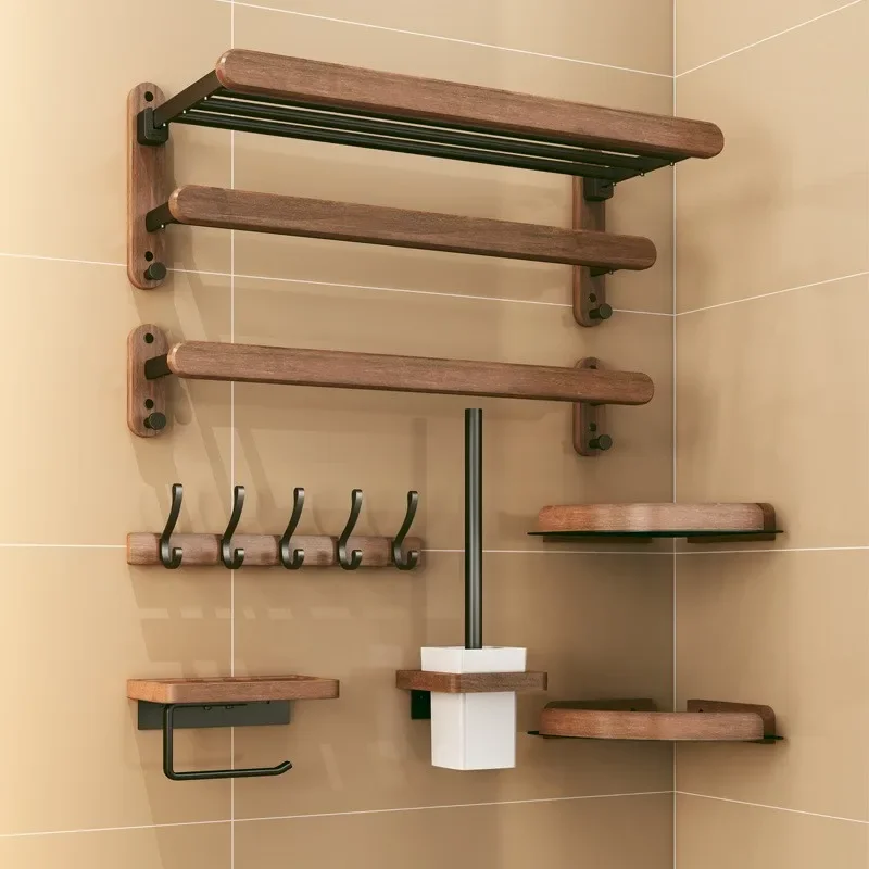 

Walnut towel rack no punch bathroom shelf toilet bathroom wall mounted washroom storage bath towel holder