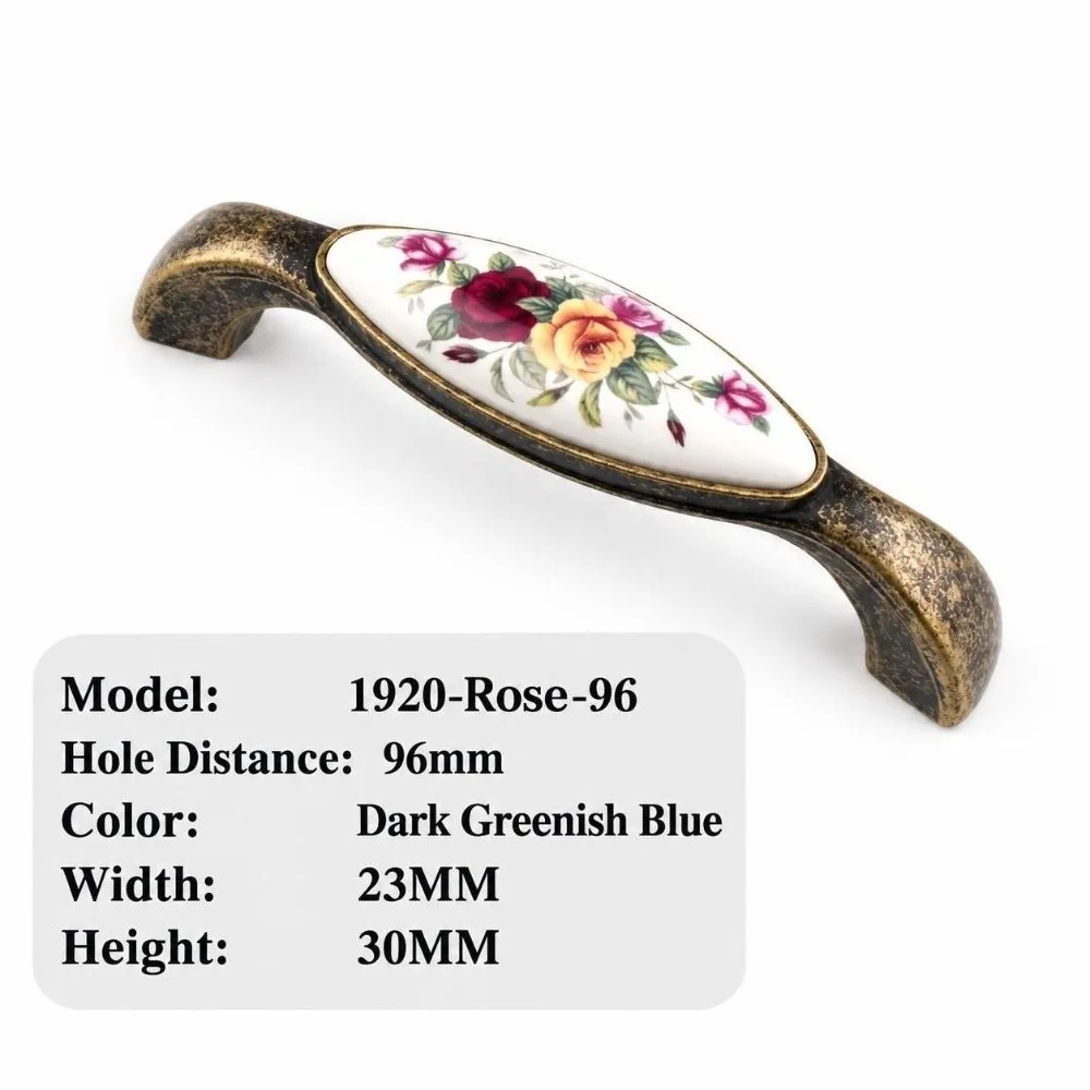Zinc Alloy Ceramic Cabinet Pull Multiple Sizes Floral Pattern Antique Bronze Drawer Handle Durable Retro Vintage Furniture Knob