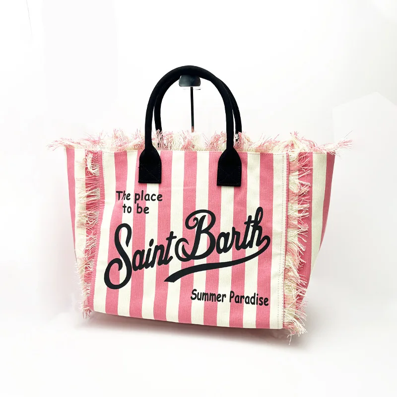 SAINT BARTH 2024 New Women\'s Large Capacity Leisure Tourism Canvas Stripe Handmade Tassel Handbag Tote Bag