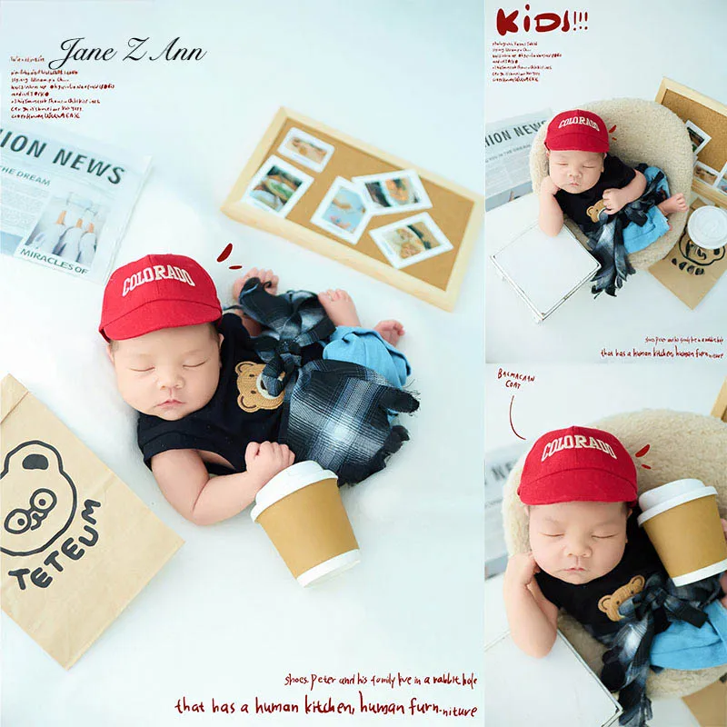 

Реквизит для фотосессии новорожденных, красная бейсболка + клетчатая рубашка + джинсовые штаны, красивый костюм для мальчика для отдыха