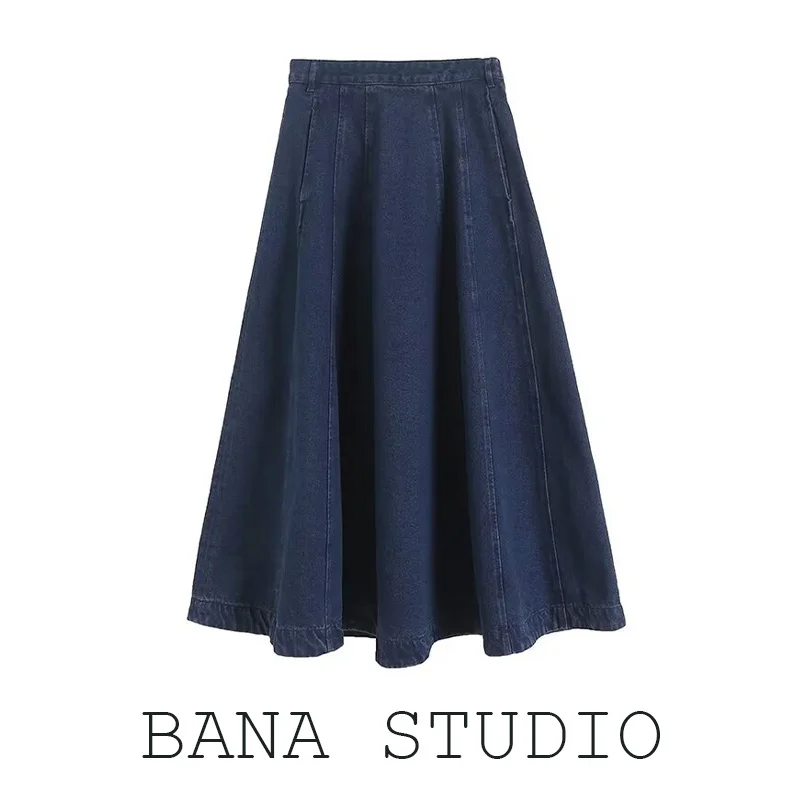 BANA Mid-Length A-Line Denim Skirt Women's High Waist Wide Hem Stitching Design Commute Style Pure Color Other Material