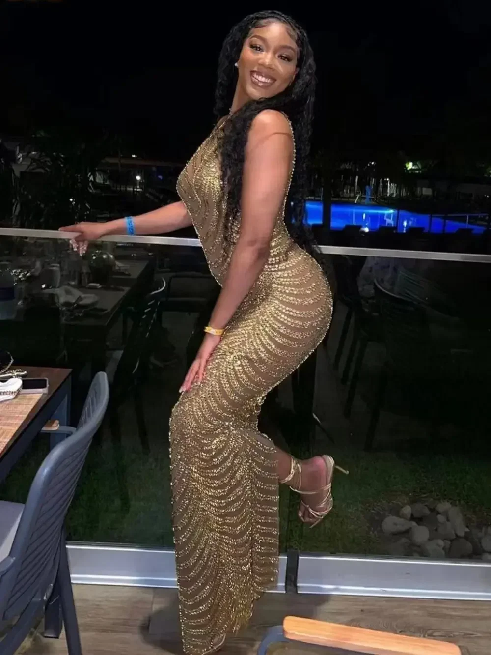 Vestido largo transparente de malla con diamantes de imitación dorados brillantes para mujer, vestido de celebración de boda, noche, graduación, cumpleaños, sesión de fotos