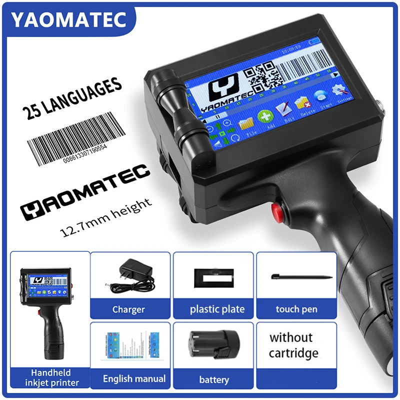 YAOMATEC D30 12.7MM 28 Language Expiry Date Number Logo Label Carton Plastic Thermal Inkjet Handheld Printer with Ink Cartridge