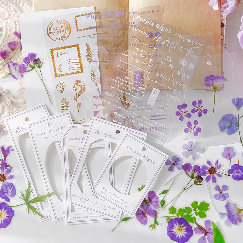 54pcs Creative Retro Label Flower Plant Stickers Material Pack Planner Handbook DIY Scrapbooking Aesthetic Material Deco