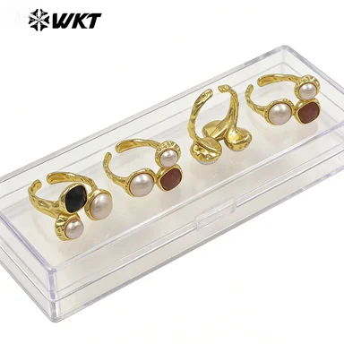 

WT-MPR160 Geometric Shape Freshwater Pearl Beads&Stone 18K Gold Plated For Unisex Opeaning Rings Fine Jewelry