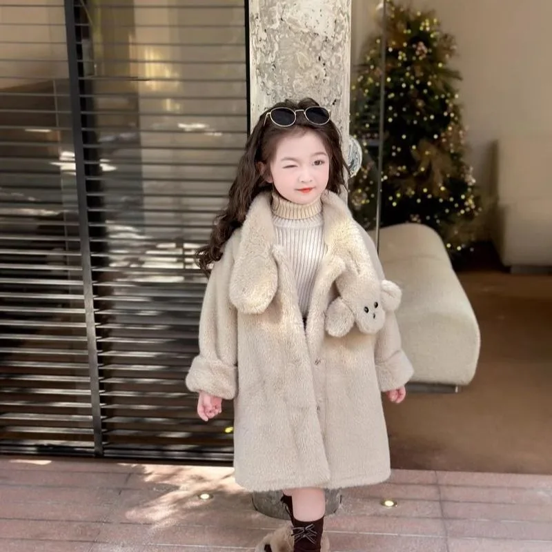 Premium Girls' Autumn Winter Mid Length Faux Fur Coat Stylish New Design with Cotton Lining for Kids