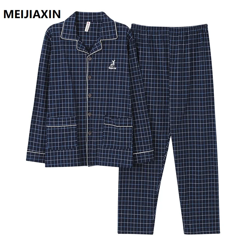 Lente Plaid Mannen Nachtkleding Suits Katoen Man Pyjama Lange Mouwen Turn-Down Kraag Vest Plus Size L-4XL Mannelijke Lounge homewear