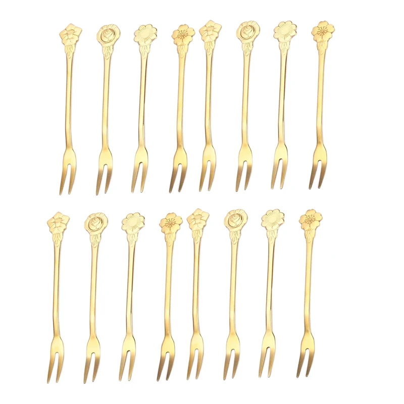 16Pcs 5.3 Inch Flower Stainless Steel Fruit Forks Dessert Cake Forks Salad Cocktail Fork Two Prong Dinner Fork