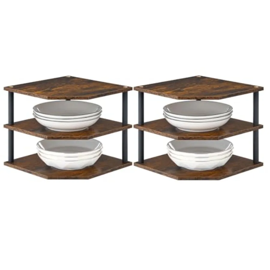 

3-Tier Wooden Corner Shelf Set of, Rustic Brown Counter Organizer for Kitchen Cabinet, Bathroom, Bedroom and Small Space Storag