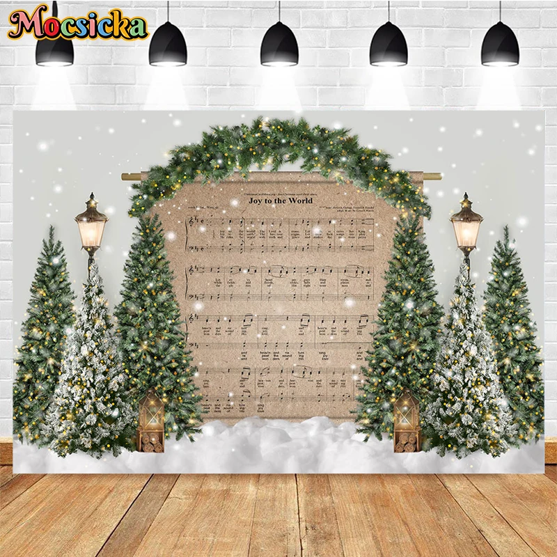 Mocsicka Christmas Backdrop Xmas Tree Winter Snow Music Score Decors Kids Birthday Backgrounds Photographs Shooting Props Banner