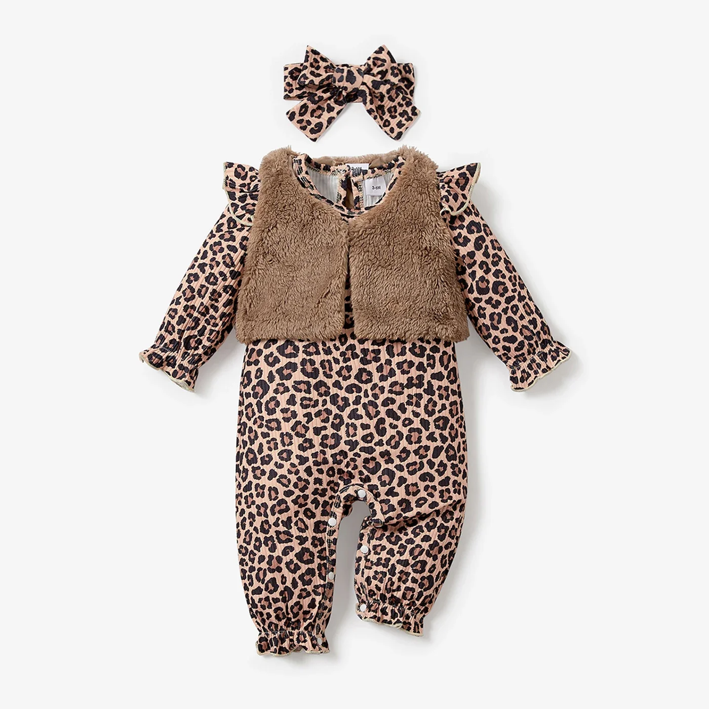 PatPat 3pcs Baby All Over Leopard Long-sleeve Jumpsuit and Fuzzy Fleece Vest Set Perfect for Outings and Daily Wear Basic Style