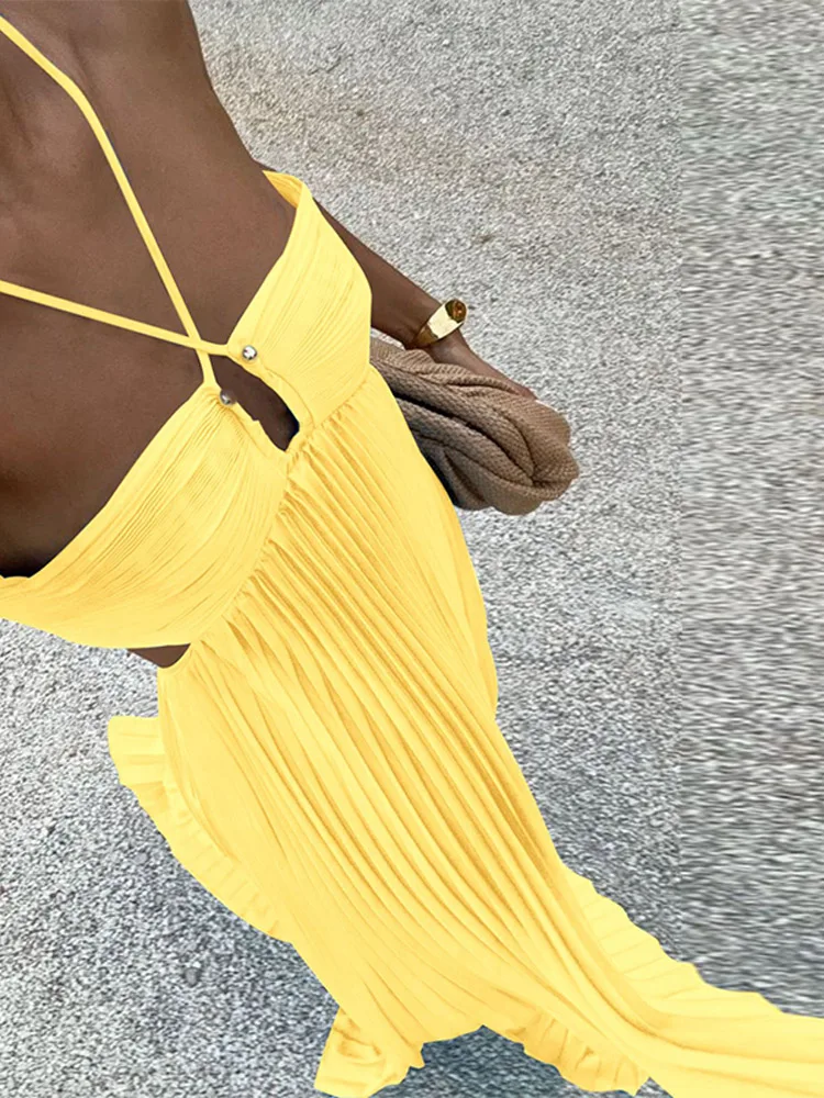 Summer Halter Pleated Long Dress Women Backless Sleeveless Blue Beach Vacation  Dresses Female 2026 Fashion Lady A-line Robes - AliExpress 200000345