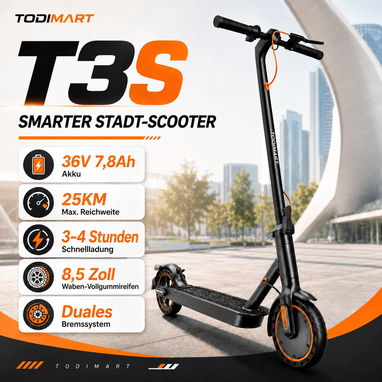 TODIMART T3S T6S Elektroroller für Erwachsene Faltbar Leicht City Pendler E Scooter 36V 7.8Ah Akku 20-30KM Reichweite 8.5 Zoll Wabenreifen APP Steuerung Doppelbremse 120KG Belastung