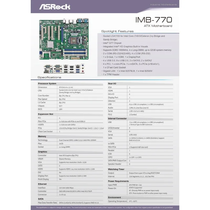 Industrial Motherboard ASROCK IMB-770 LGA1155 Support DDR3 Dual Gigabit LAN For IPC Desktop System