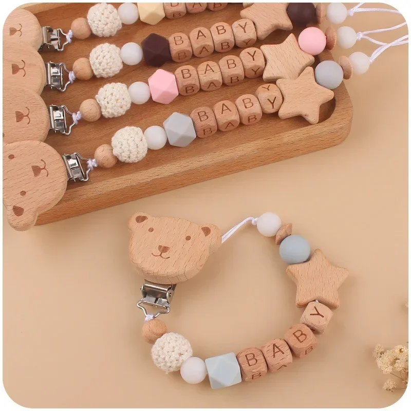 Clips pour sucettes pour bébé, nom personnalisé, ours de dessin animé, étoile en bois de hêtre, porte-mamelon factice, Clip, jouet de dentition, accessoires sans BPA