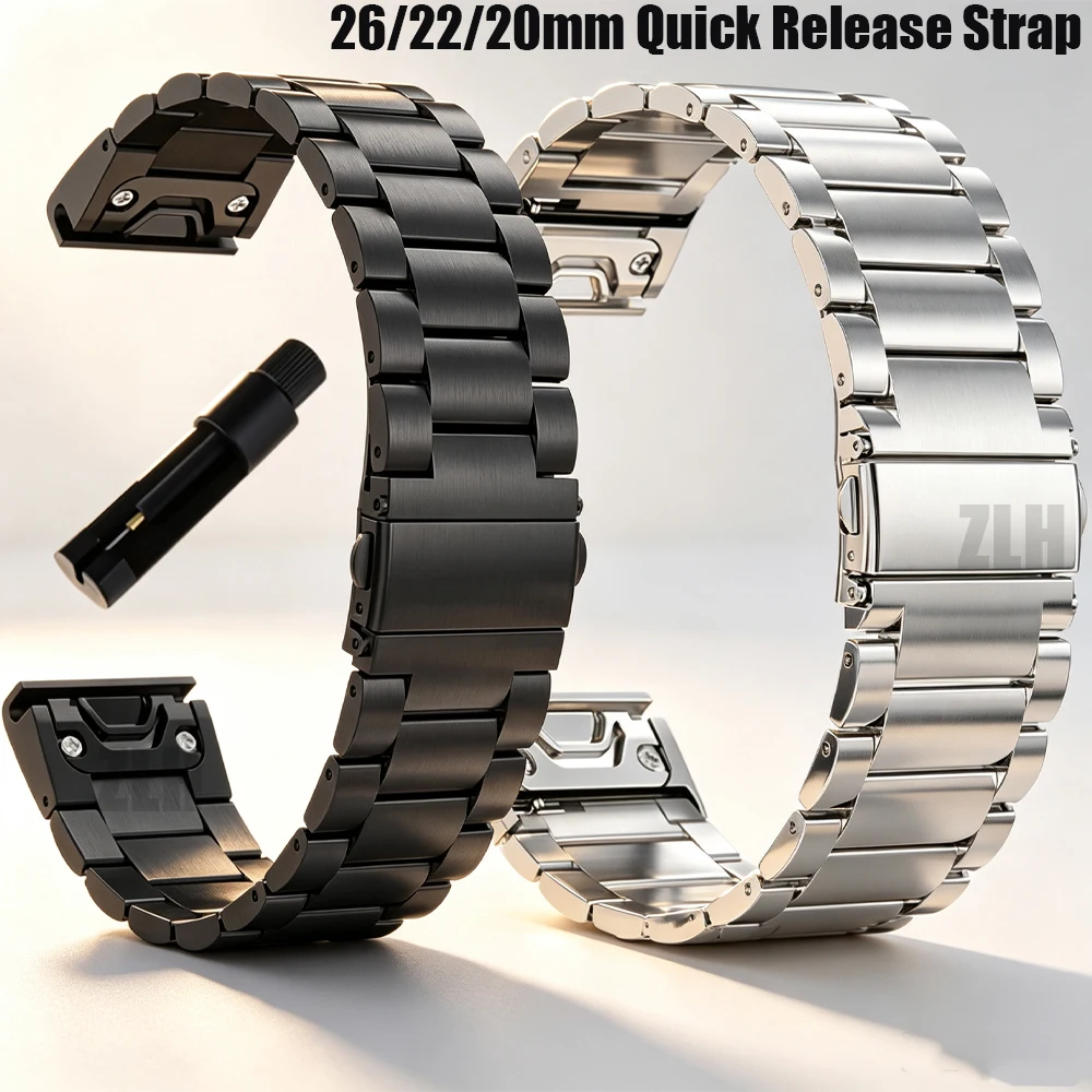 26/22/20mm Quick Release Solid Stainless Steel Strap for Garmin Fenix 8/E 7X 6X Tactix 8 Enduro 3 Band for Garmin Fenix 9 9 Pro