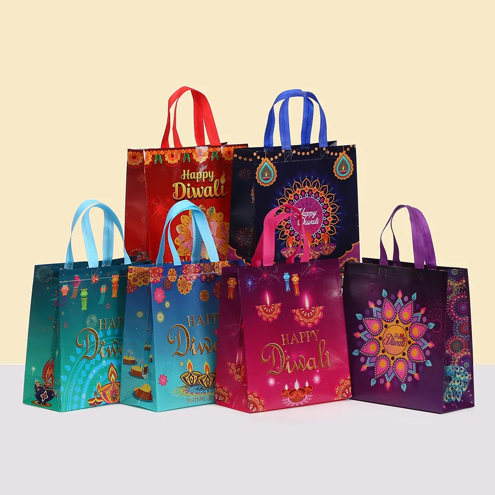 6Pcs Happy Diwali Theme Non-Woven Gift Packing Bag Candle Candy Cookie Bag for India Diwali Festival Party Favors Bag Decoration