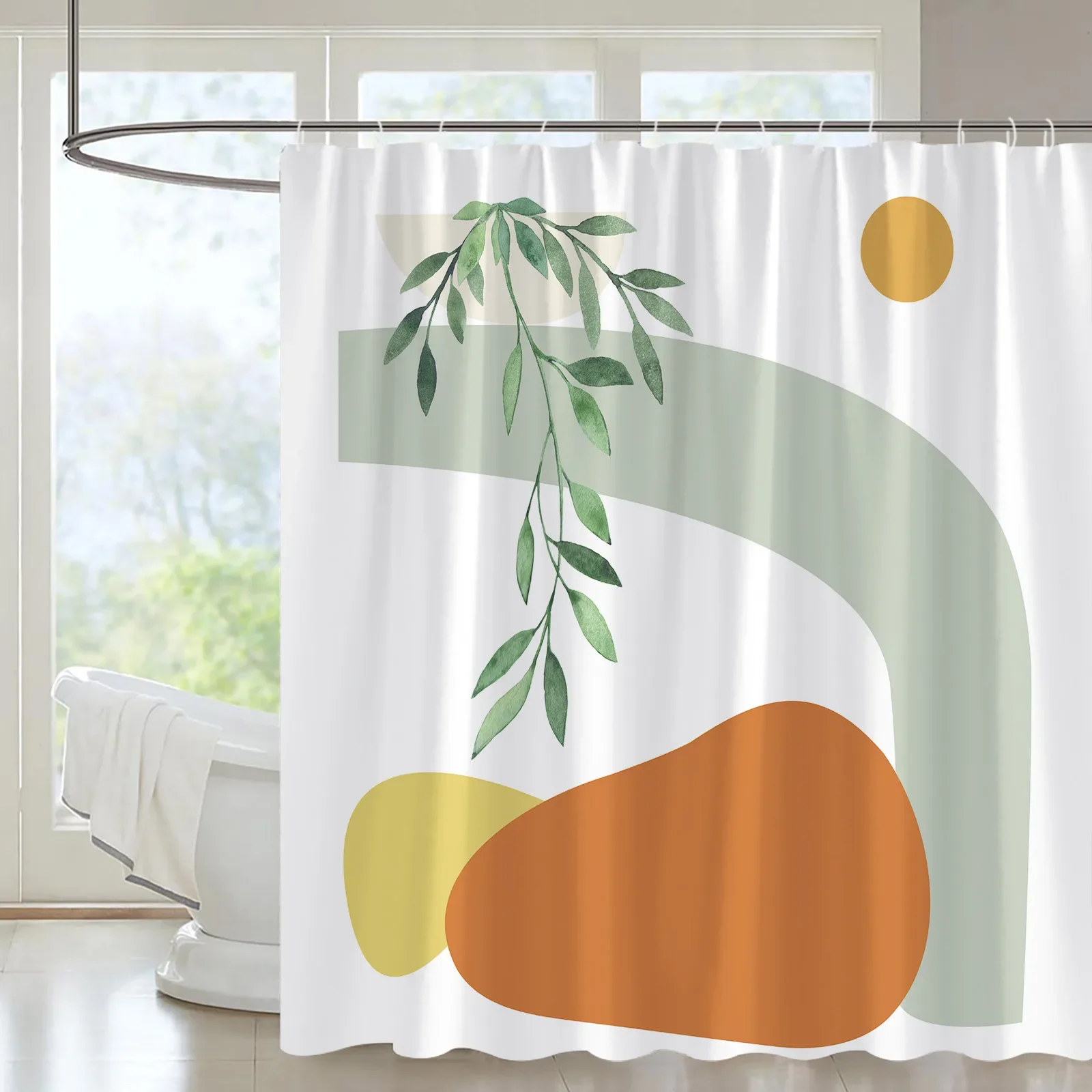 Abstract Mid Century Style Shower Curtain Sun Moon Minimalist Geometric Stripes Fabric Bath Curtain Bathroom Decor with Hooks