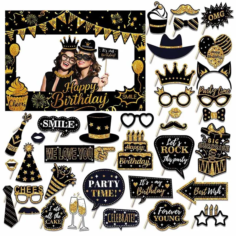 1/17/24/37 Piezas de Marco Dorado con Brillantina para Feliz Cumpleaños, Accesorios de Papel para Fotomatón, Decoración para Fiestas de Cumpleaños Infantiles, Suministros para Baby Shower