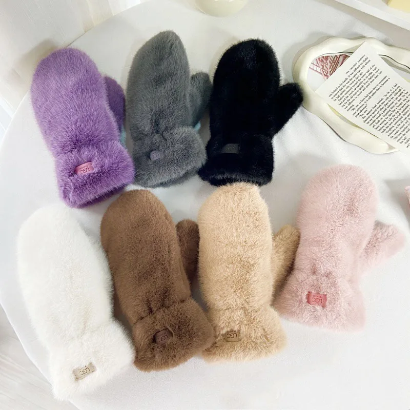 Winter New Arrival Simple Solid Color Thick Plush Warm Gloves Student Fashionable Cute Mittens Windproof Cold Proof Hand Warmers