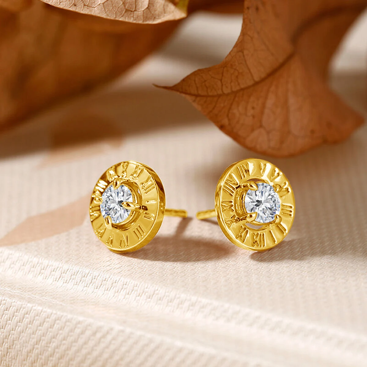 

Unique 14K Gold Stud Earrings Mystical Beauty Roman Numeral Round Cut Earrings for Women Unisex Anniversary Party Fine Jewelry