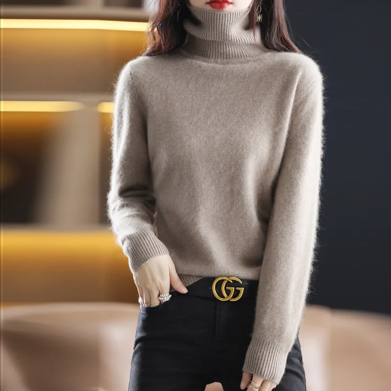 100% Mink Cashmere Turtleneck Sweater Women Solid Color Long Sleeve Top Autumn Winter Fashion Knit Female Warm Pullover Jumper