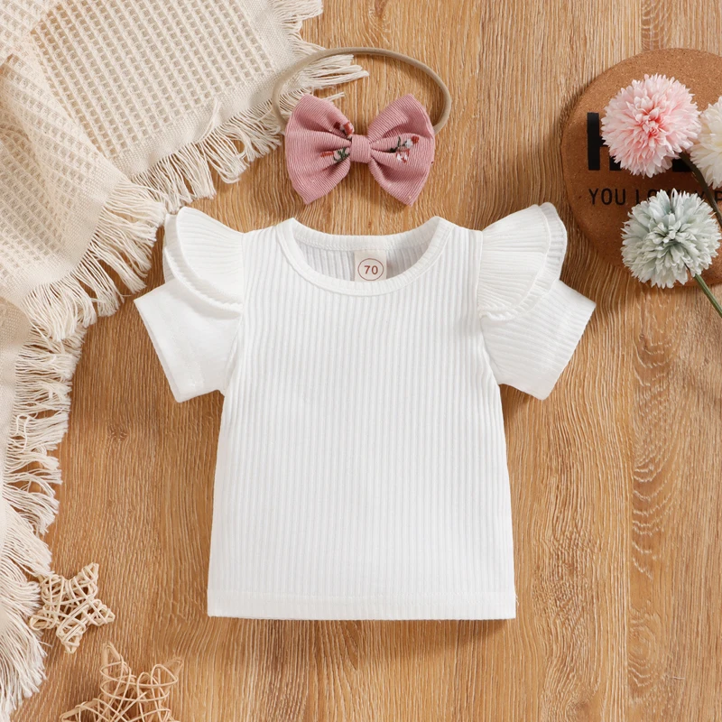 Infant Baby Girl 3PCS Fly Sleeve Round Neck Tops Flower Pattern Suspender Jumpsuit Bow Headband