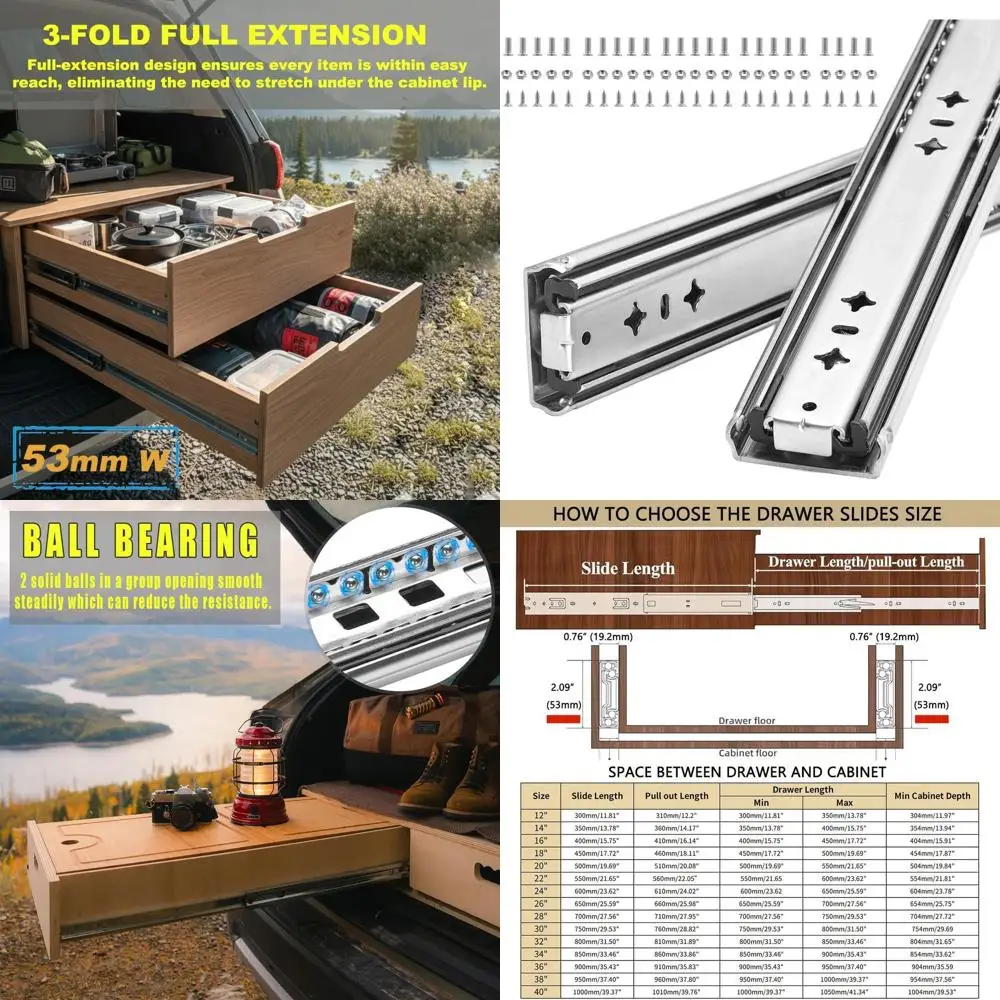 

Промышленные направляющие для ящиков, 40 секций, нагрузка до 300 фунтов, боковое крепление, полный выдвижной ход, на шарикоподшипниках, с фиксацией, для инструментальных ящиков