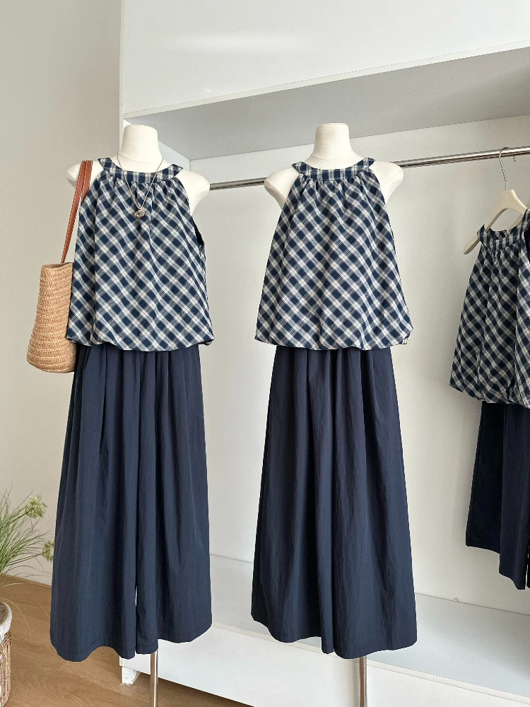 Fresco elegante casual 2 peça conjunto feminino azul xadrez sem mangas cami topo + branco solto calças de perna larga verão doce moda outfit