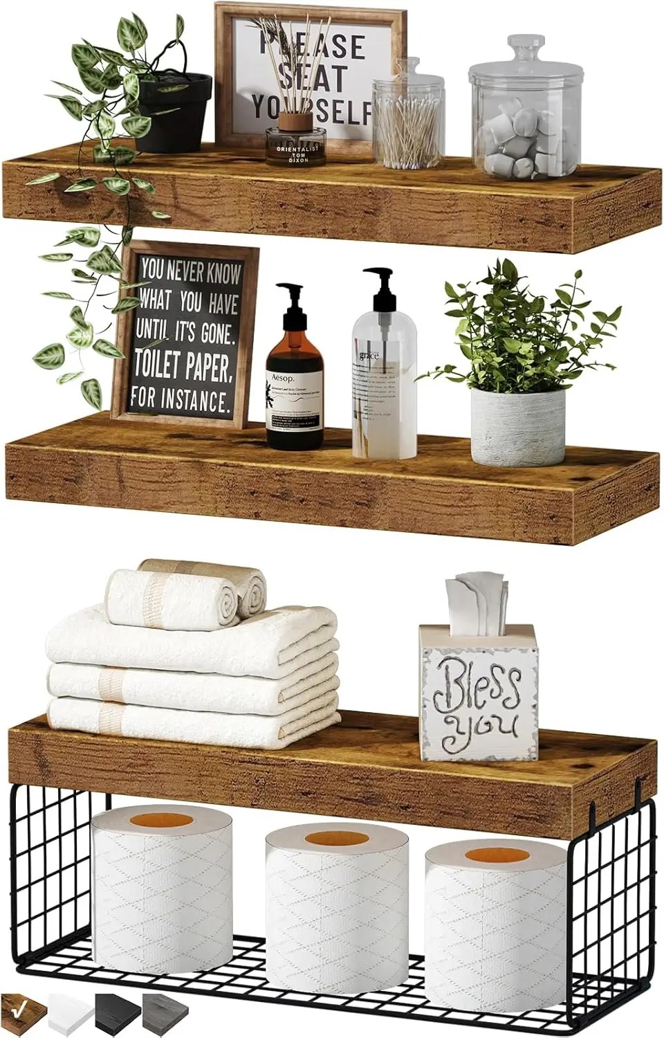 

Wall Mounted Bathroom Shelves Over Toilet, Rustic Brown Floating Shelf Set of 3 for Storage and Decor