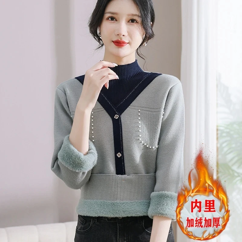 

Mom's Winter Half Turtleneck Fleece Thicken Sweater Middle-aged Women's Warm Velvet Bottoming Pullover Shirt Knitted Top Jumper