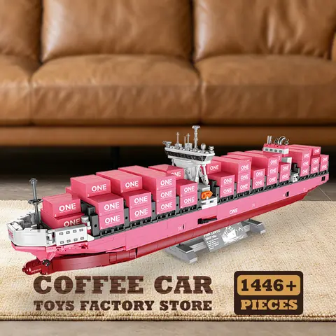 DIY 3D Bricks Puzzle Pink Cargo Ship 1446Pcs Container Boat Assembly Model Kits Vessels Building Blocks Toys Adult Birthday Gift