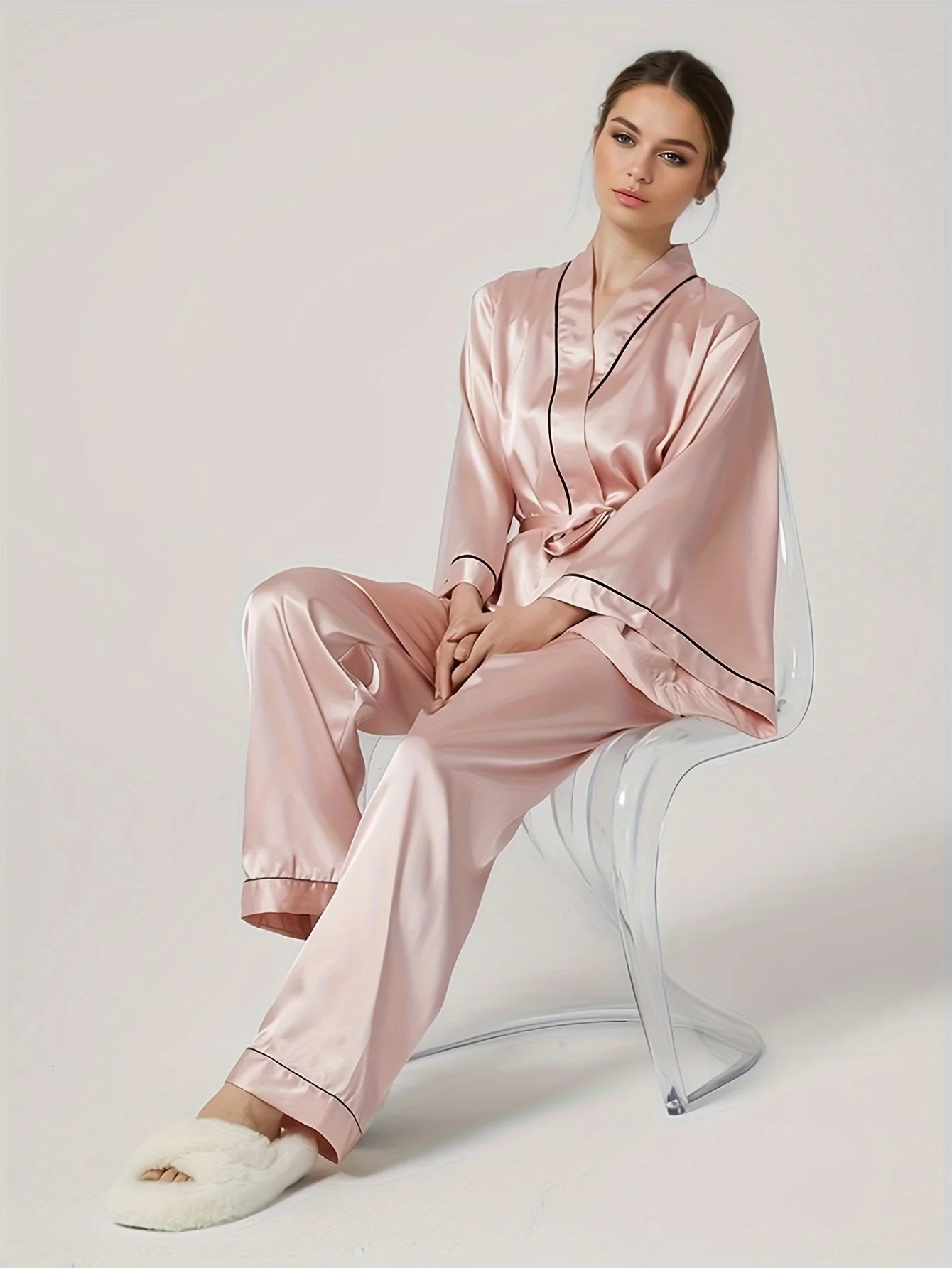 Schinotch Summer Women Ice Silk Pajamas Set Cozy Fashion Bathrobe and Pants Ladies Homewear Set