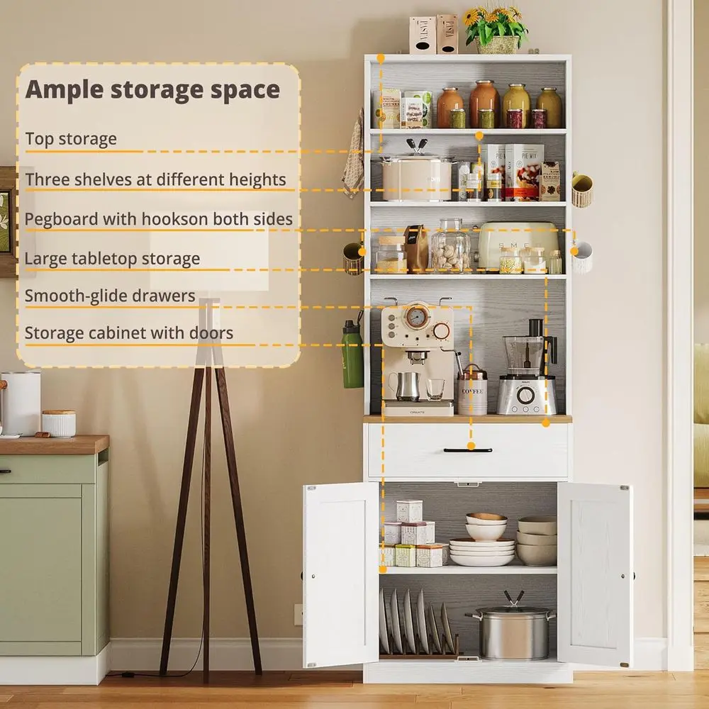 Microwave Stand with Storage and Pegboard, Coffee Bar Cabinet, Adjustable Shelves for Kitchen, Dining, Living Room, White view 4