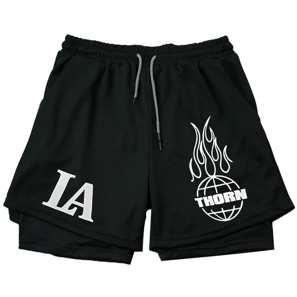 

LA Printed Shorts Men's 2-in-1 Double Layered Shorts Summer Sports Gym Fitness Jogging Running Training Quick Dry Short Pants