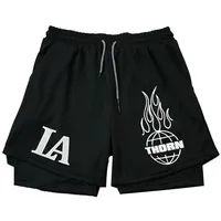 LA Printed Shorts Men's 2-in-1 Double Layered Shorts Summer Sports Gym Fitness Jogging Running Training Quick Dry Short Pants