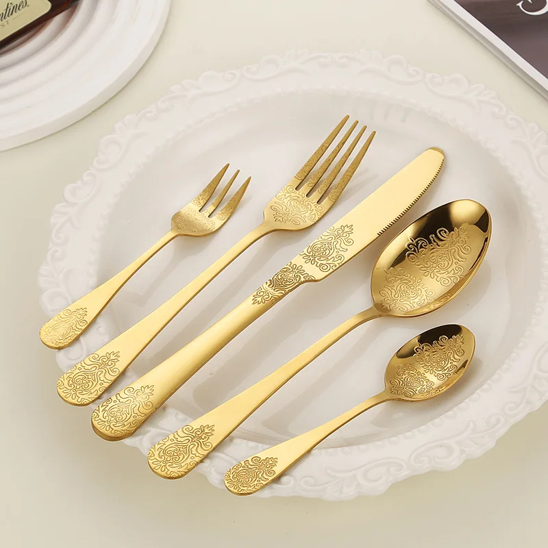 5PCS stainless steel knife, fork, spoon set with patterned totem tableware, Western style steak knife and fork