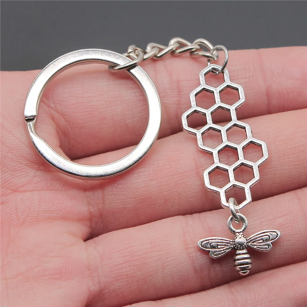 New Fashion Men Keychain Dropshipping Vintage Antique Silver Color 45x15mm Honeycomb Bee Pendant Gift