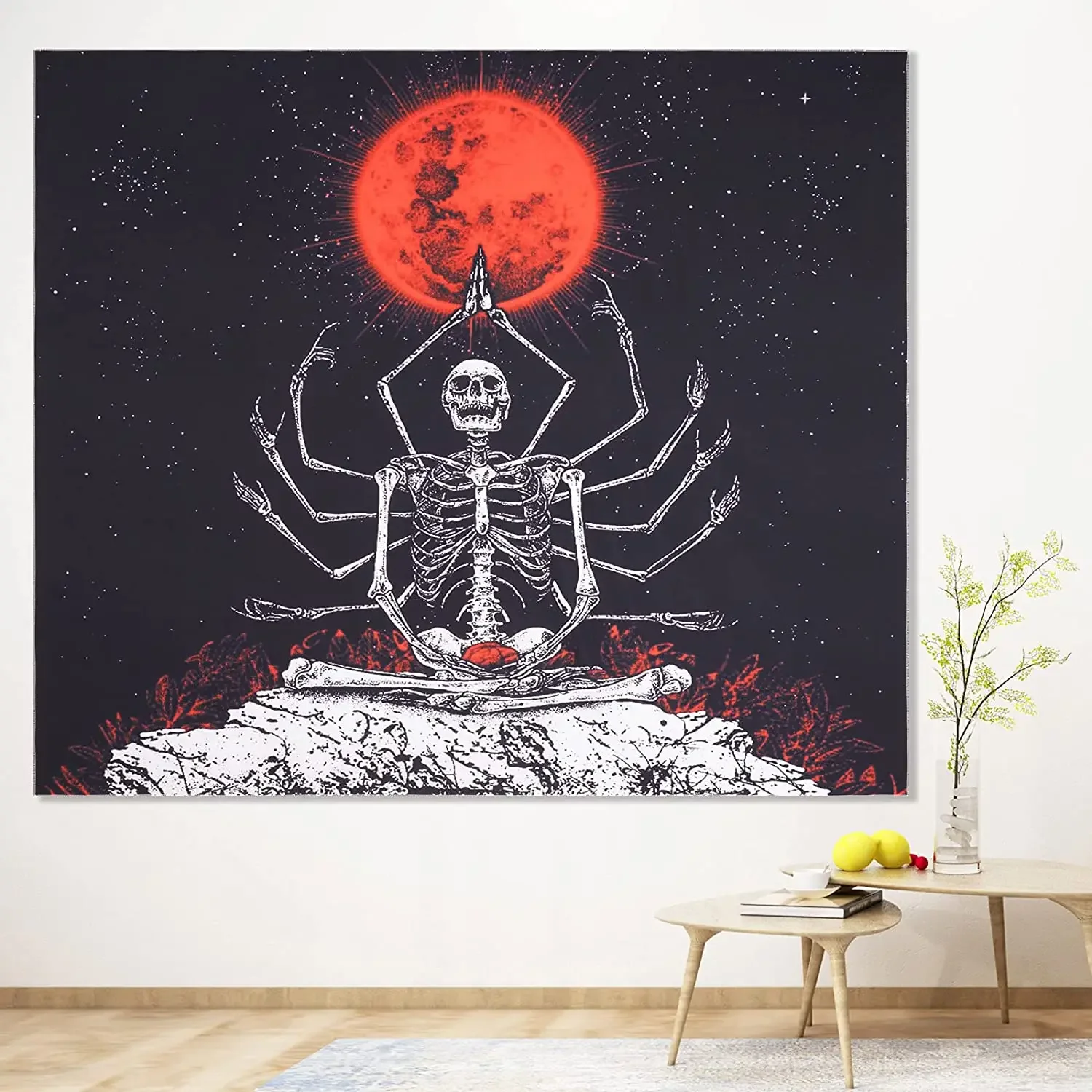 Black And White Meditation Skull Wall Hanging Blood Moon Skeleton Cool Fantasy By Ho Me Lili Tapestry For Room Home Decor