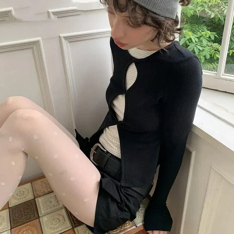 

Pure Spicy Girl Polka Dot Patchwork Long Sleeve Tshirts 2025 Autumn New Slim Fit Base Crop Top Sweet Y2k Aesthetic Tees