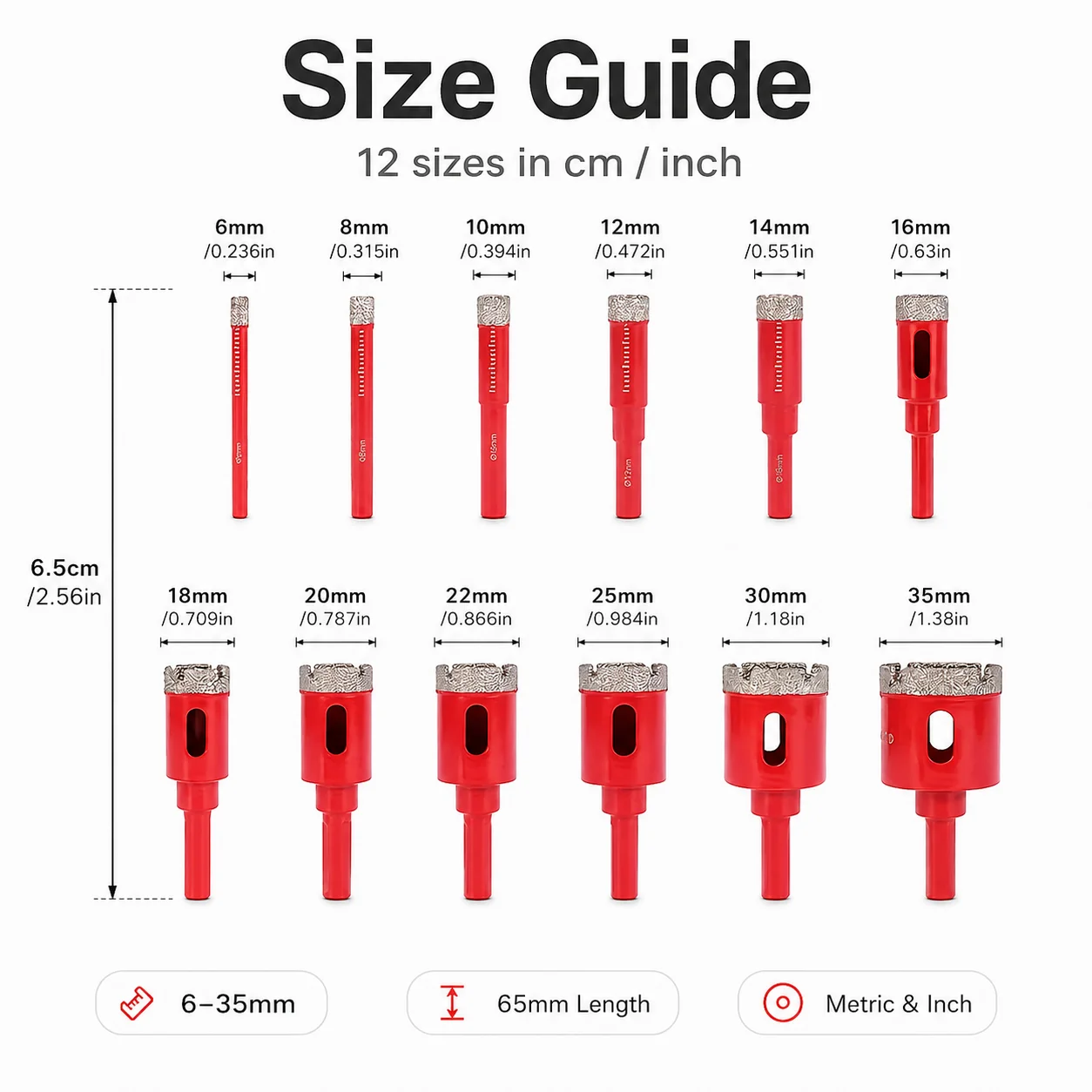 12Pcs Diamond Hole Saw Drill Bit Set 6‑35mm for Porcelain Tile Marble Glass Stone Drilling Hole Cutter Kit with Storage Case