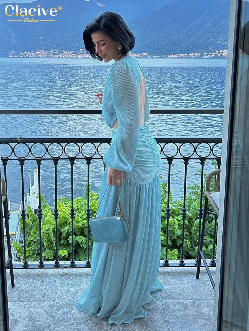 Clacive Sexy Loose Blue Pleated Women\'s Dress Fashion Deep V-Neck Long Sleeve Maxi Dress Elegant Classic Pleated Party Dresses