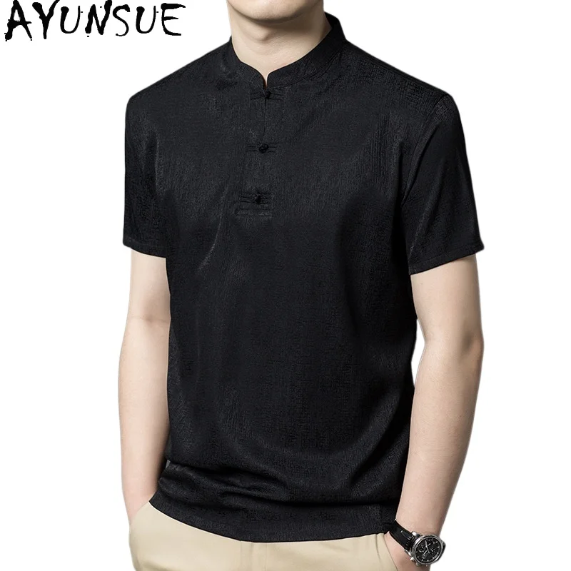AYUNSUE 92%Real Mulberry Silk T Shirt for Man High Quality Short Sleeve Tops Summer 2026 Casual Black Shirt Stand Collar Tshirts