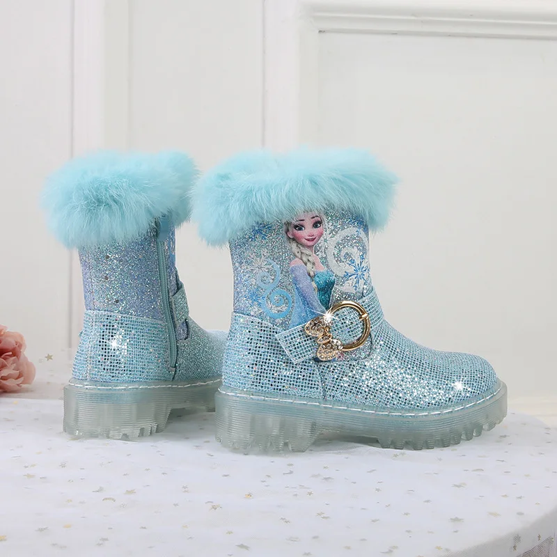 Disney Frozen Elsa Princess Kids Cartoon Ankle  Boots Winter Princess Girls Fashion Children Thick Bottom Sneakers Blue Shoes